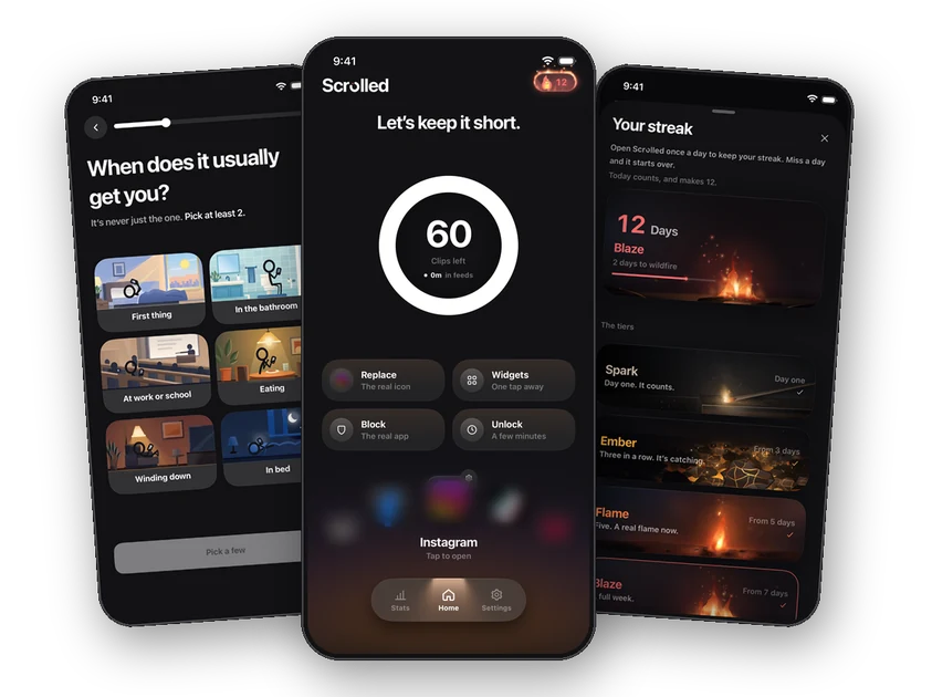 Three iPhone screens from Scrolled: a setup question, the home screen with 60 clips left, and the streak page